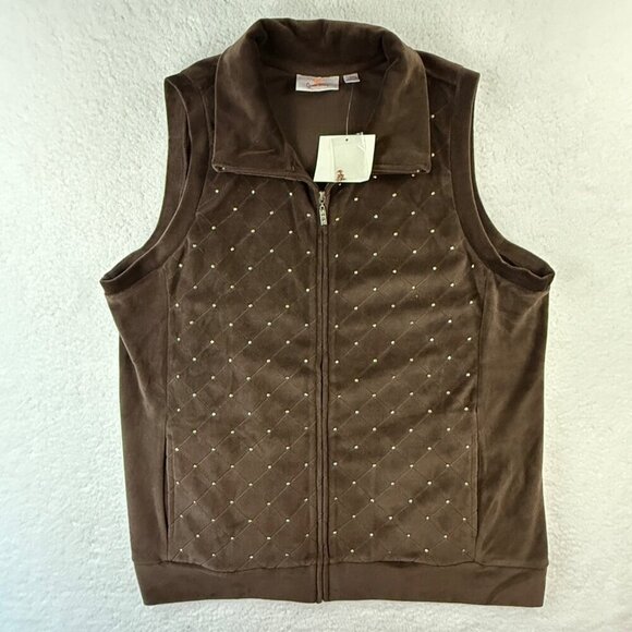 Quacker Factory Velour Zip Vest Rhinestones Pockets Western Rodeo Brown Sz L NEW - Picture 6 of 11